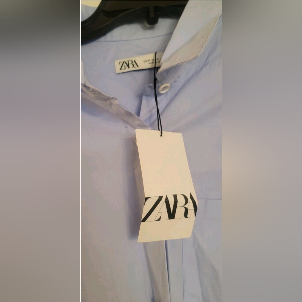 Zara Midi Blue Flared/Pleated Front Button Wrap Tie Waist Cotton Poplin Dress - Picture 9 of 12